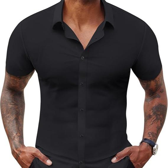 Alimens&Gentle Stretch Dress Shirts for Men Short Sleeve Slim Fit Casual Button Down Shirts Muscle Fit Men's Dress Shirts