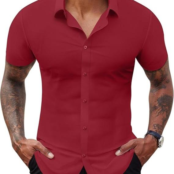 Alimens&Gentle Stretch Dress Shirts for Men Short Sleeve Slim Fit Casual Button Down Shirts Muscle Fit Men's Dress Shirts