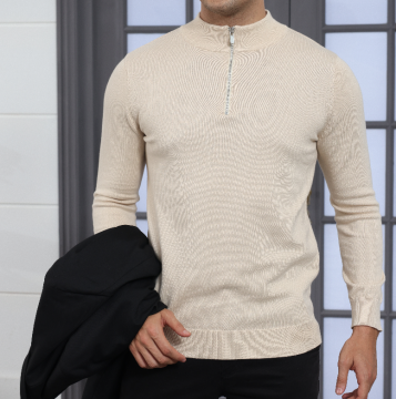 Alimens&Gentle 100% Cotton Trendy Long Sleeve Turtleneck Zip Sweater with Soft Polo Style Slim Fit