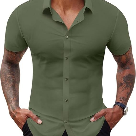 Alimens&Gentle Stretch Dress Shirts for Men Short Sleeve Slim Fit Casual Button Down Shirts Muscle Fit Men's Dress Shirts