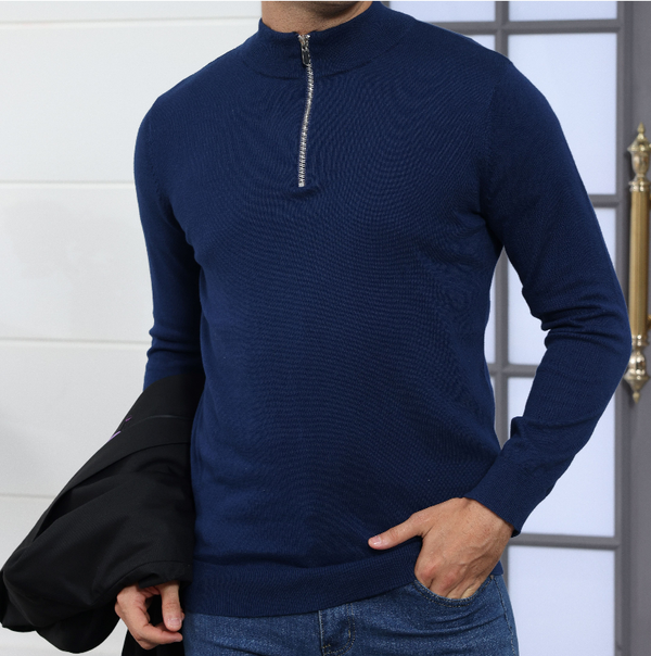 Alimens&Gentle 100% Cotton Trendy Long Sleeve Turtleneck Zip Sweater with Soft Polo Style Slim Fit