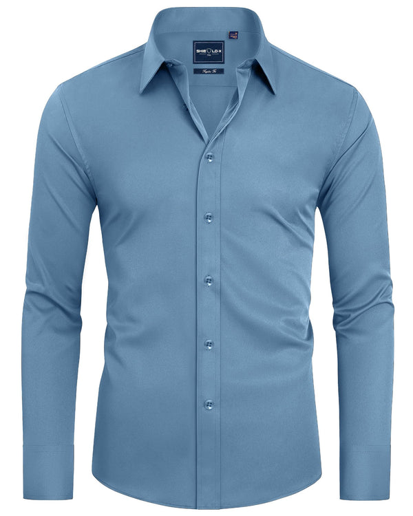 Men's Slim Fit Button Down Shirts Long Sleeve Stretch Wrinkle-Free Shirt Stain Sheild-Denim Blue