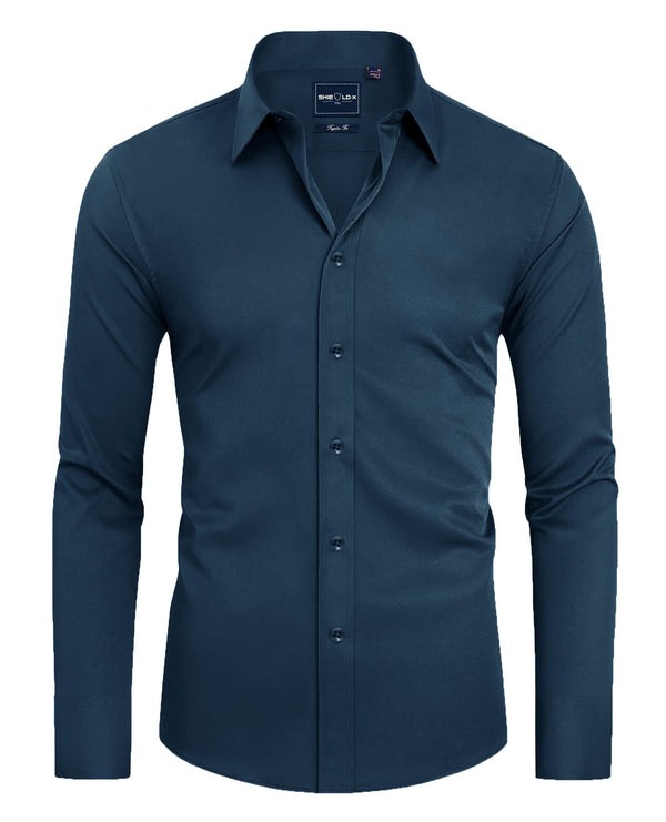 Men's Slim Fit Button Down Shirts Long Sleeve Stretch Wrinkle-Free Shirt Stain Sheild-Navy