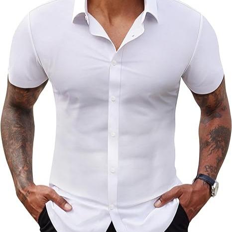 Alimens&Gentle Stretch Dress Shirts for Men Short Sleeve Slim Fit Casual Button Down Shirts Muscle Fit Men's Dress Shirts